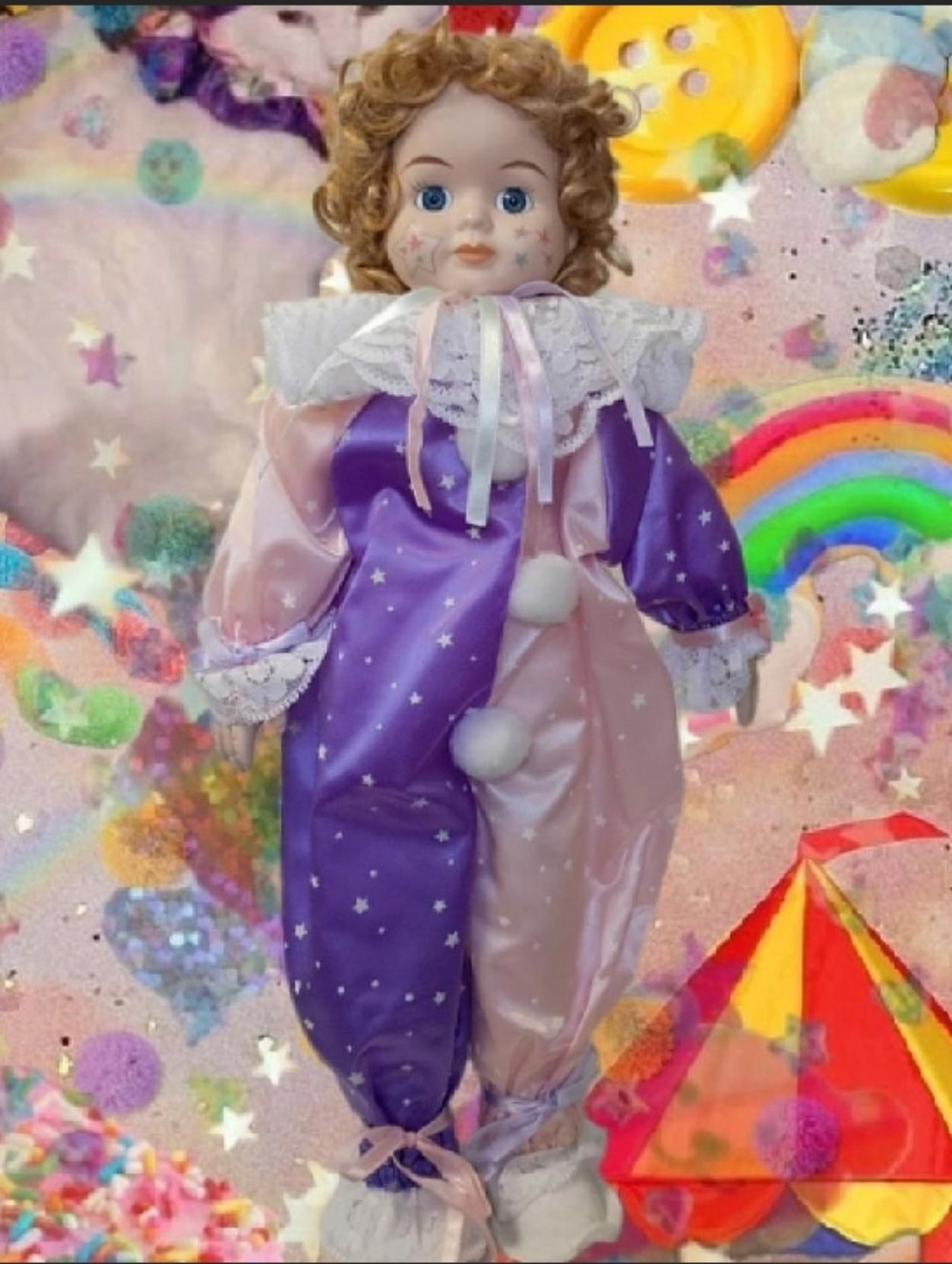 VTG 90s House Of Lloyd Clown Doll W/Pink & Purple Celestial Star Pattern Outfit
